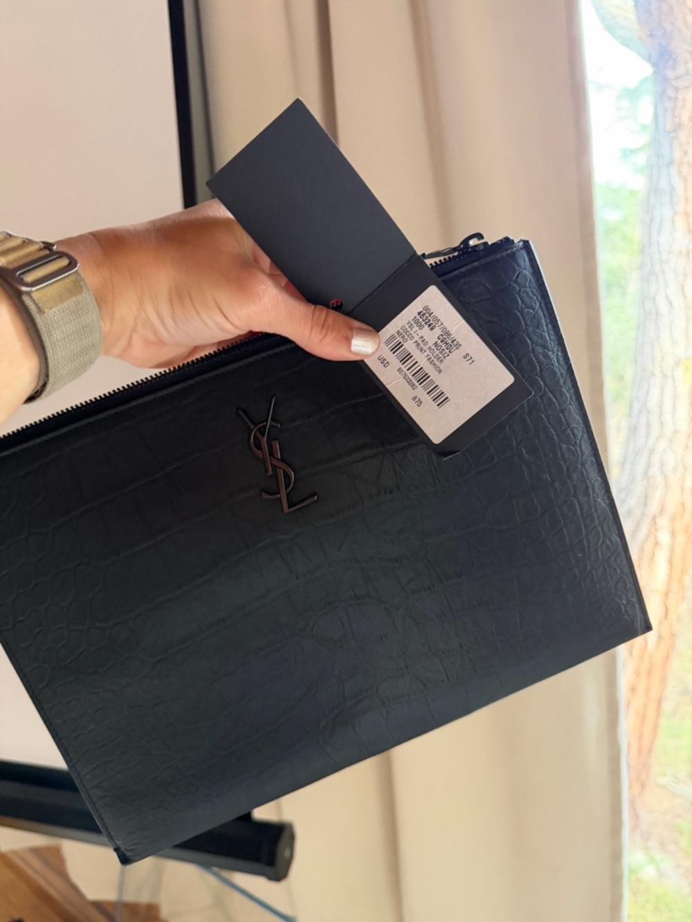 Saint Laurent Black Croc-Embossed Leather Pouch with YSL Logo